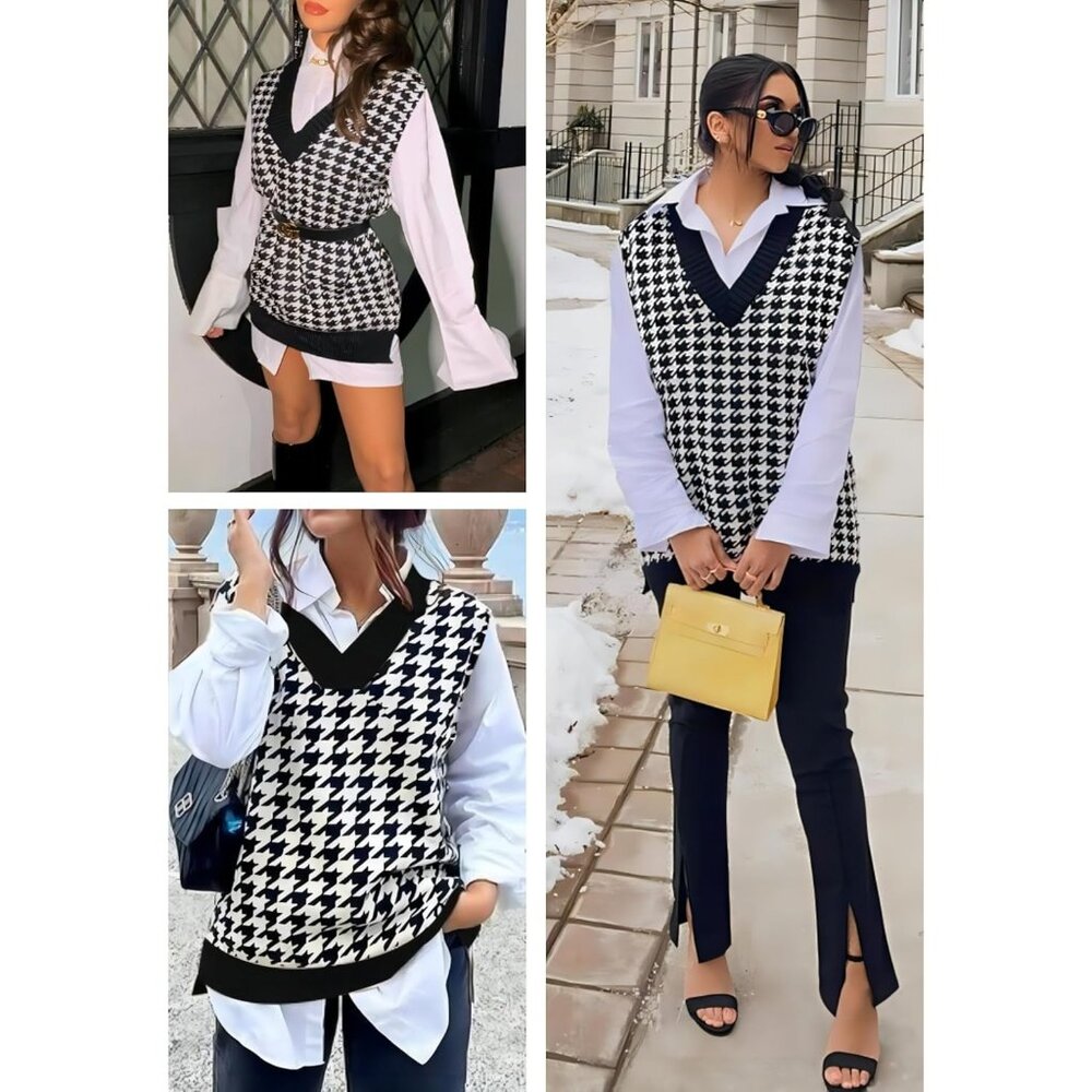 Women Black White Sweater Vest Sleeveless V Neck Oversized Knitted Pullover Fall - Picture 2 of 5